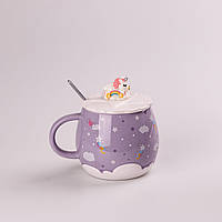 Чашка керамічна Rainbow Ceramic Mug 400ml Pink з кришкою і ложкою кухоль для чаю з кришкою Бузковий