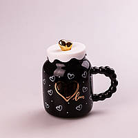 Кружка керамическая Creative Show Ceramic Cup 400мл с крышкой чашка с крышкой Черная с белыми сердечками