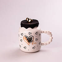 Кружка керамическая Creative Show Ceramic Cup 400мл с крышкой чашка с крышкой Белая с черными сердечками