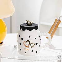Кружка керамическая Creative Show Ceramic Cup 400мл с крышкой чашка с крышкой Белая в черный горошек