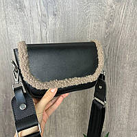 Женская мини сумочка клатч Барашок с натуральным мехом маленькая сумка с меховой окантовкой баранчик Кофейный