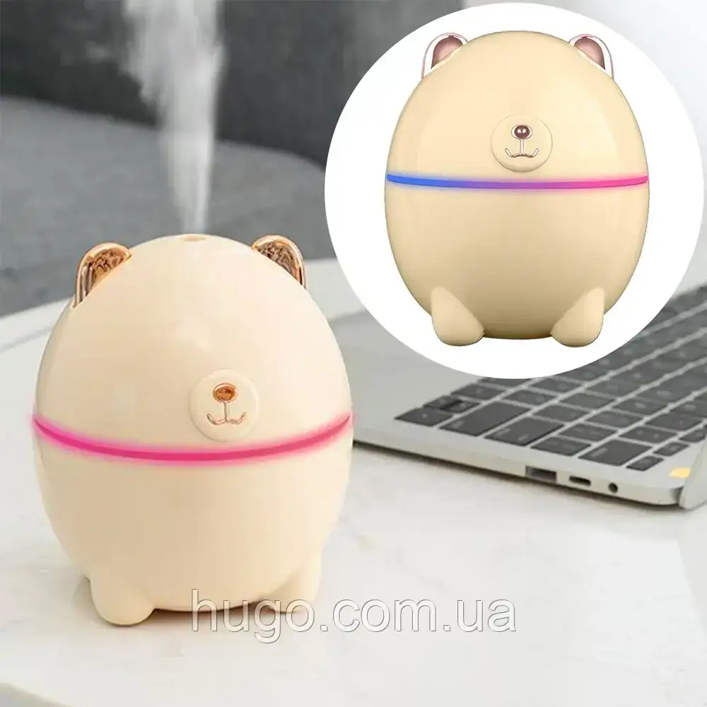 Зволожувач повітря нічник 220 мл Ведмедик з вушками 2в1, Бежевий / Ультразвуковий зволожувач, фото 1