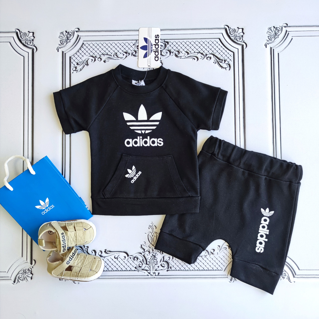 Дитячий чорний літній костюм з шортами для новонароджених Adidas