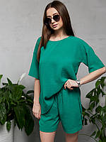 Модный летний костюм с шортами, оверсайз, для девушек футболка и шорты зеленый 42-44, 44-46, 46-48