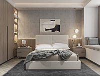 Современная двуспальная бежевая кровать с мягким изголовьем велюр 160х200 в спальню Наоми Шик-Галичина