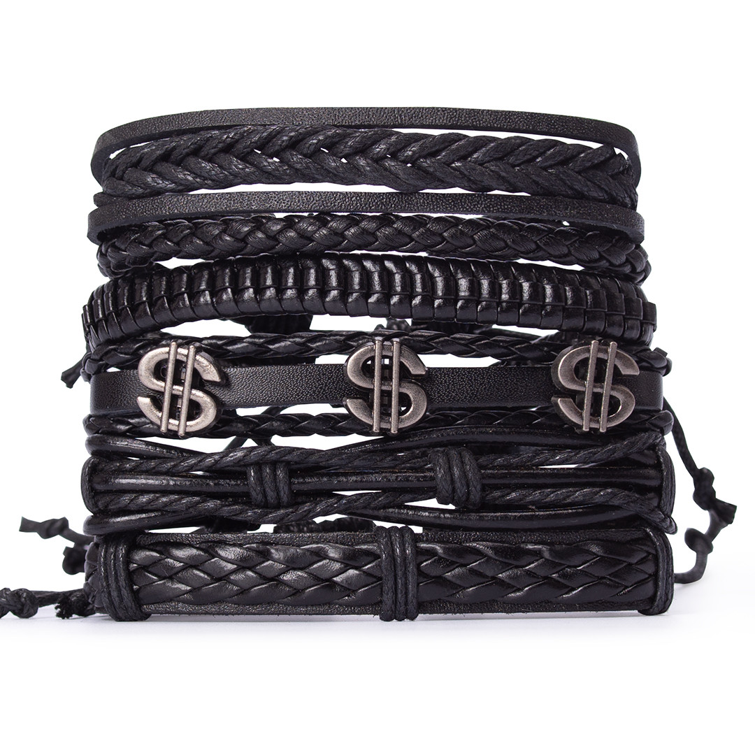 Браслет на руку шкіряний чорного кольору набір з 6 шт. арт.00077, фото 1