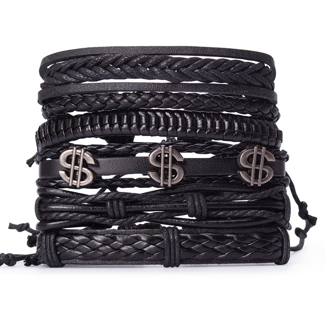 Фото браслет на руку шкіряний чорного кольору набір з 6 шт. арт.00077 Фото браслет на руку шкіряний чорного кольору набір з 6 шт. арт.00077