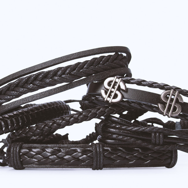 Фото браслет на руку шкіряний чорного кольору набір з 6 шт. арт.00077 Фото браслет на руку шкіряний чорного кольору набір з 6 шт. арт.00077