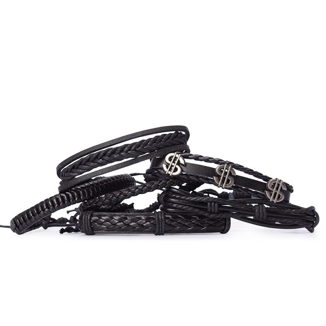 Фото браслет на руку шкіряний чорного кольору набір з 6 шт. арт.00077 Фото браслет на руку шкіряний чорного кольору набір з 6 шт. арт.00077