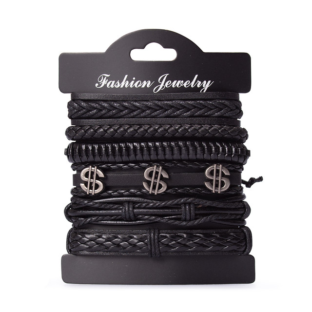 Фото браслет на руку шкіряний чорного кольору набір з 6 шт. арт.00077 Фото браслет на руку шкіряний чорного кольору набір з 6 шт. арт.00077