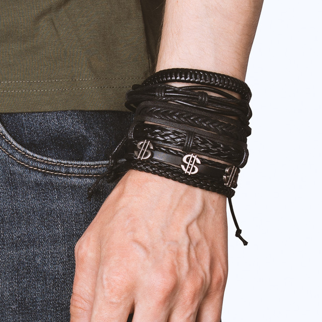 Фото браслет на руку шкіряний чорного кольору набір з 6 шт. арт.00077 Фото браслет на руку шкіряний чорного кольору набір з 6 шт. арт.00077