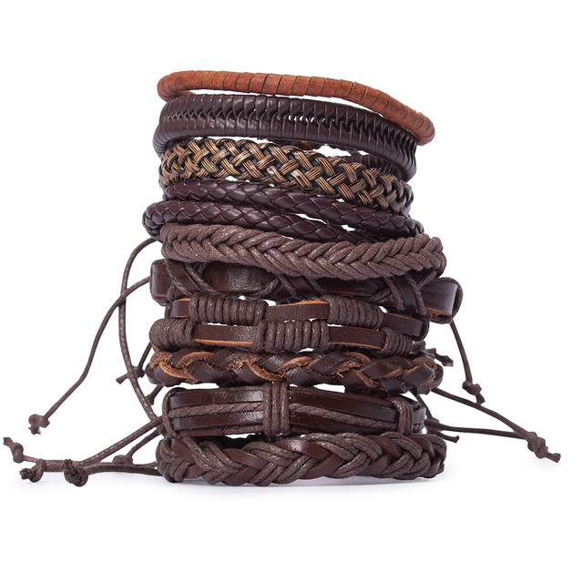 Фото браслет на руку шкіряний коричневого кольору набір з 10 шт. арт.00088