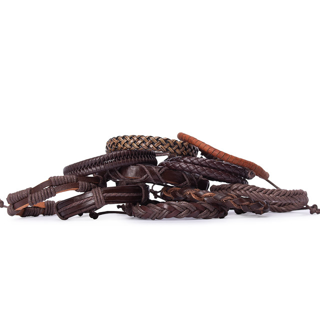 Фото браслет на руку шкіряний коричневого кольору набір з 10 шт. арт.00088