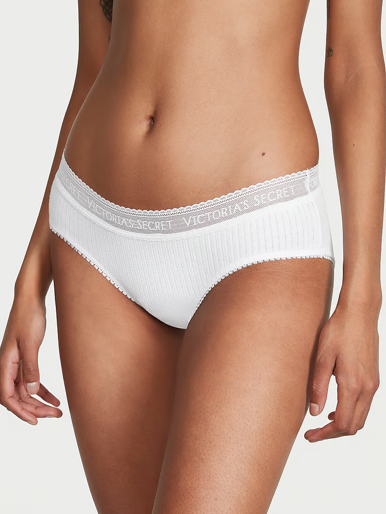 Бікіні у рубчик білі Victoria's Secret Logo Cotton Lace-Waist Hiphugger Panty Оригінал