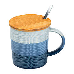 Чашка для чаю та кави 350 (мл) з бамбуковою кришкою та ложкою керамічна, кружка оригінальна Синя Lugi