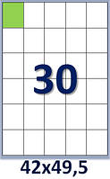 Бумага самоклеющаяся формата А4.Этикеток на листе А4:30 шт.Размер:42х49,5 мм.Упаковка 100 листов/3000 этикеток