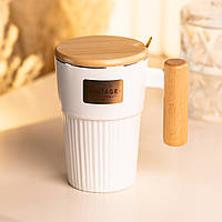 Чашка керамическая с ложкой и бамбуковой крышкой 400 мл Белая
