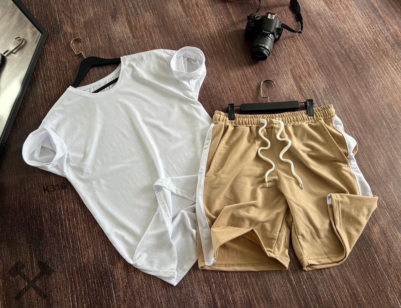 Літній чоловічий костюм шорти футболка спортивний трикотажний комплект basic білий-бежевий, фото 1