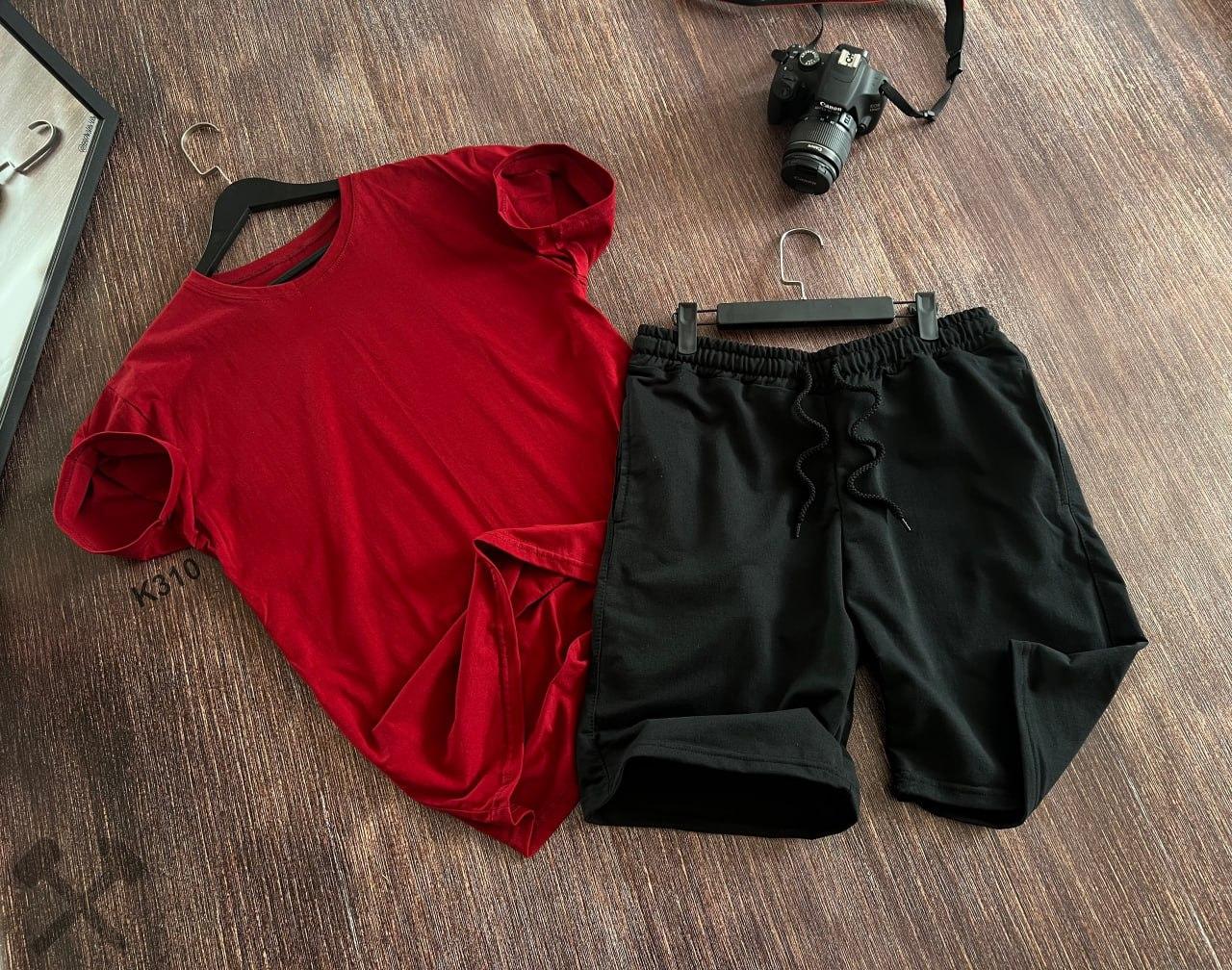 Костюм чоловічий літній шорти футболка спортивний комплект baza чорно-червоний, фото 1