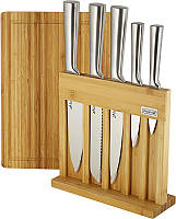Набор 5 кухонных ножей Kamille Steel на бамбуковой подставке и разделочная доска VCT