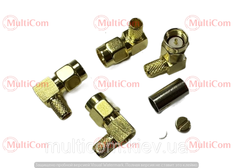 01-11-067. Штекер SMA (реверсний) (RG-58) кутовий, обтискний під кабель, латунь, фото 1