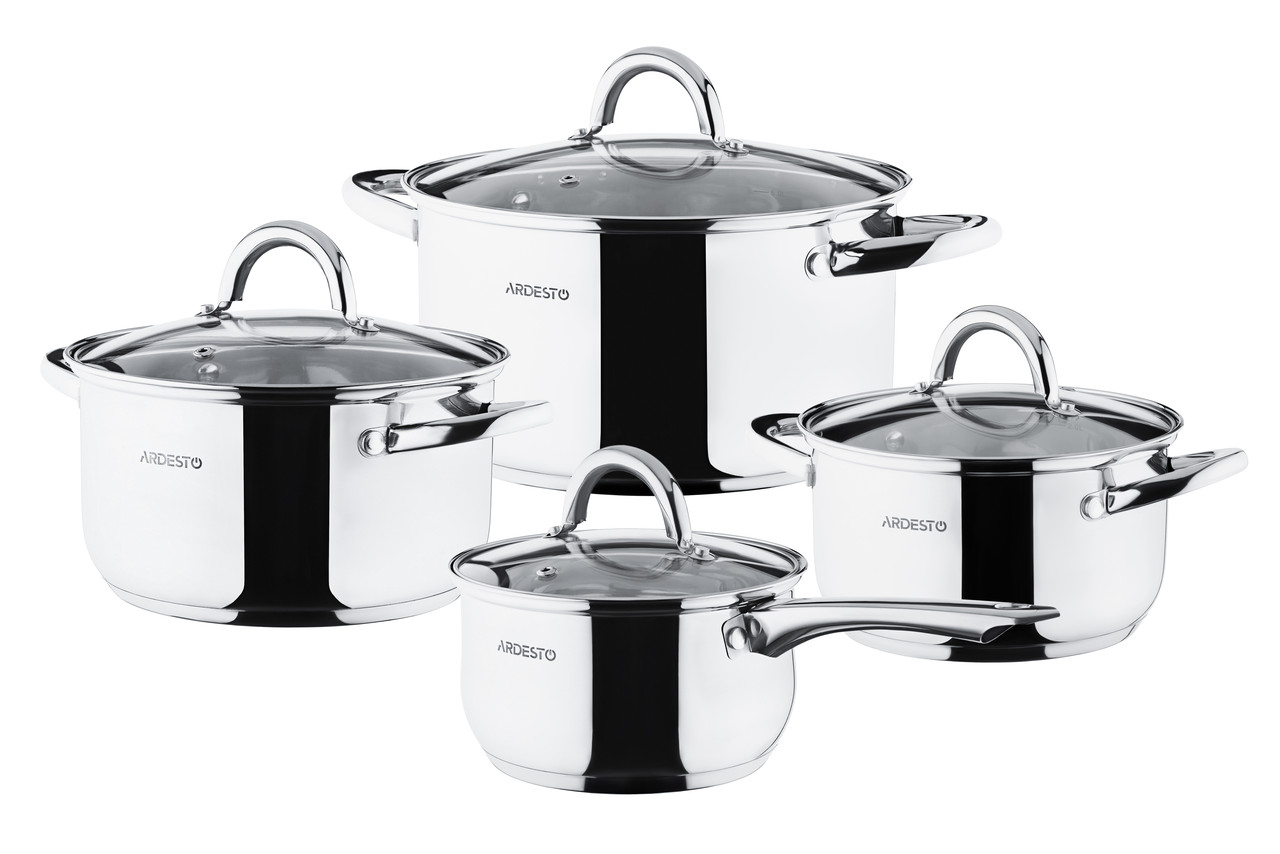 Набір каструль Ardesto Gemini Gourmet Andria із нержавіючої сталі із скляними кришками 8 предметів