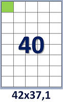 Бумага самоклеющаяся формата А4.Этикеток на листе А4:40 шт.Размер:42х37,1 мм.Упаковка 100 листов/4000 этикеток