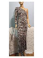 Женское вечернее платье макси на одно плечо леопардовый принт трикотаж кристалл 44-46