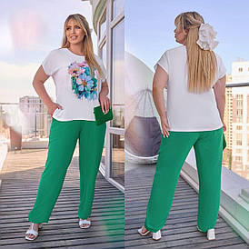Літній прогулянковий жіночий костюм великого розміру біла блузка з брюками зеленими