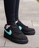 Женские кожаные кроссовки Nike Air Force 1 Low Tiffany & Co черные демисезонные кросы найк аир форс