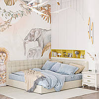 Сучасне бежеве кутове двоспальне ліжко 160х200 велюр з м'якими бортами в спальню Лео Шик-Галичина