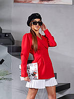 Женственный костюм-двойка: жакет красного цвета и белая юбка-клеш с плиссировкой из качественной креп-костюмки 44/46