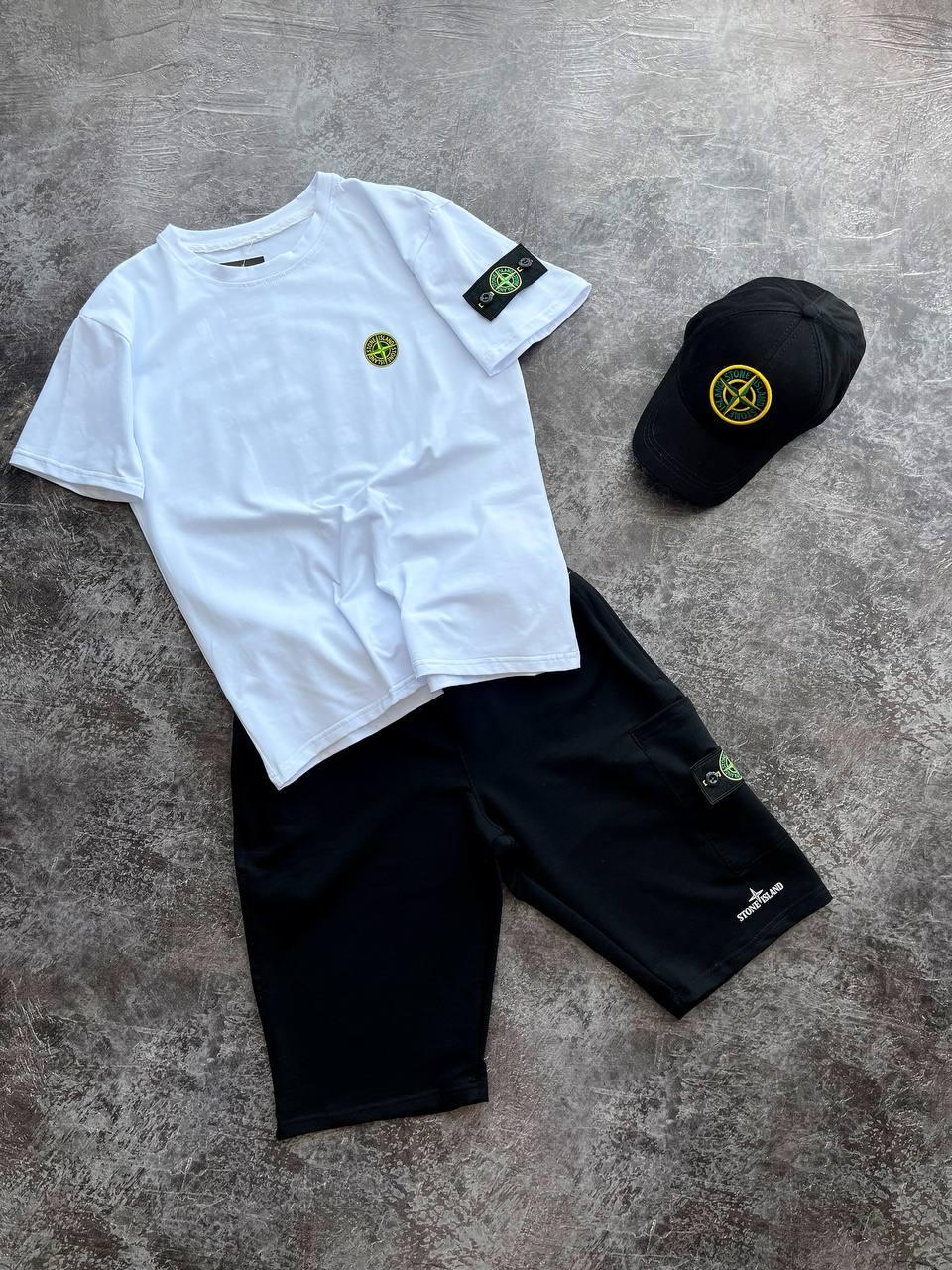 Чоловічий літній костюм футболка шорти кепка Stone Island Чоловічий комплект Білий верх 100% котон Стон Айленд