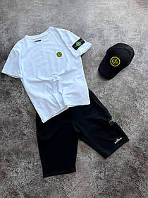Чоловічий літній костюм футболка шорти кепка Stone Island Чоловічий комплект Білий верх 100% котон Стон Айленд