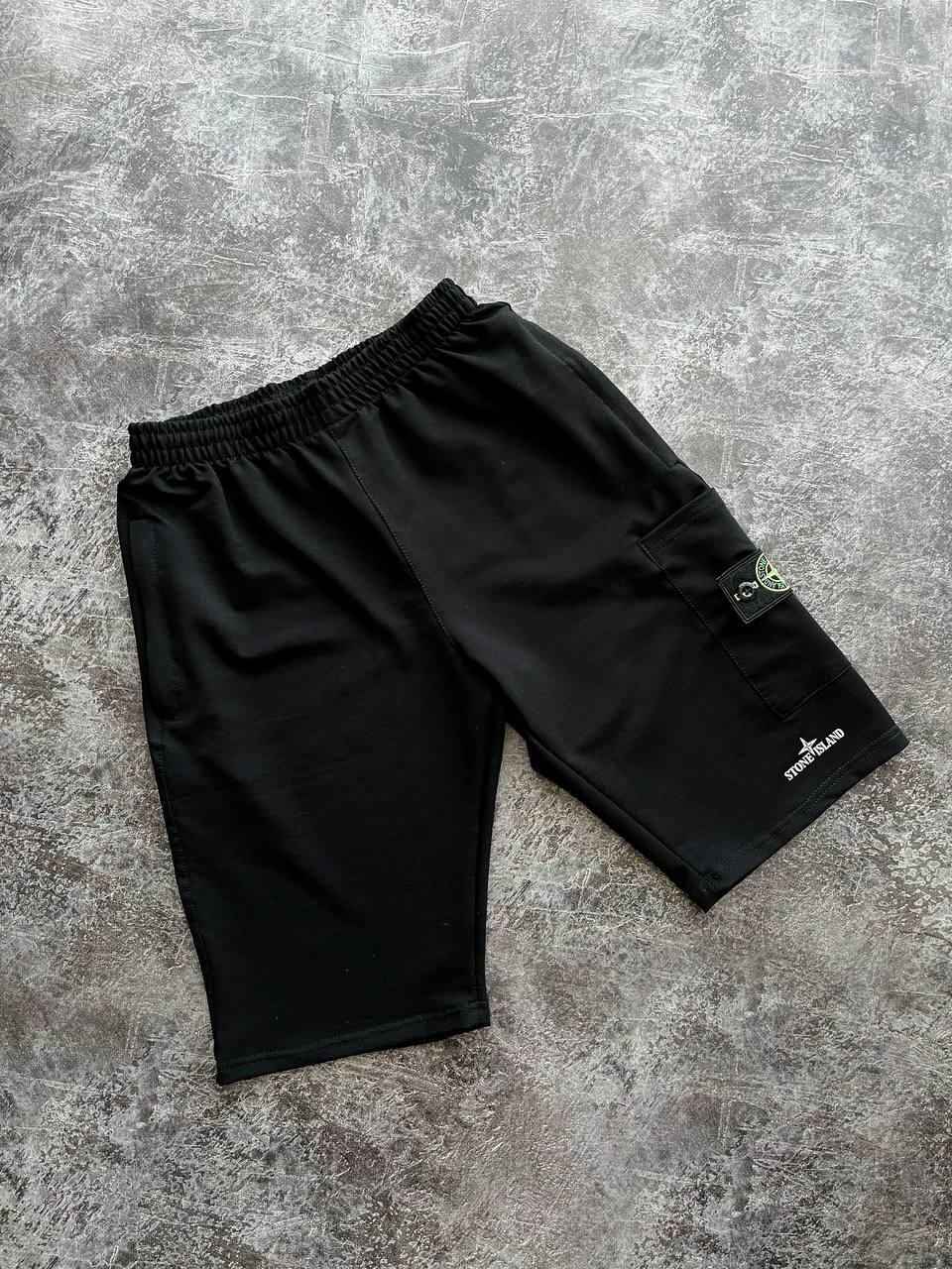 Літні чоловічі спортивні шорти карго Stone Island Black Чоловічі шорти Чорні Стон Айленд із кишенями патч літо