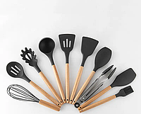 Набор силиконовых приборов для кухни с деревянной ручкой 12 предметов Kitchen Set (Силиконовые половники) YES