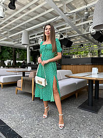 Літнє плаття-сарафан із софту зелене принт квіточок