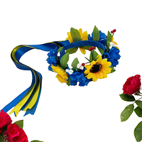 Український вінок на голову з середніми квітами Волошки Сонях з жовто блакитними стрічками
