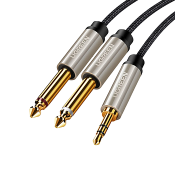 Аудіо кабель UGREEN Jack 3.5mm TRS на Dual Jack 6.35mm TS Audio Cable 2м (сірий) AV126