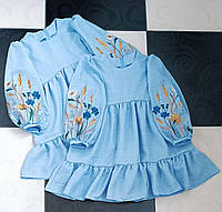 Платье детское летнее голубого цвета для девочек с вышитыми рукавами размеры 104, 110, 116, 128.