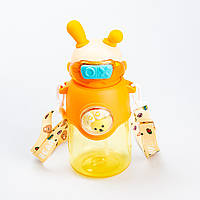 Детская бутылочка для воды 700 мл с трубочкой и ремешком Оранжевая