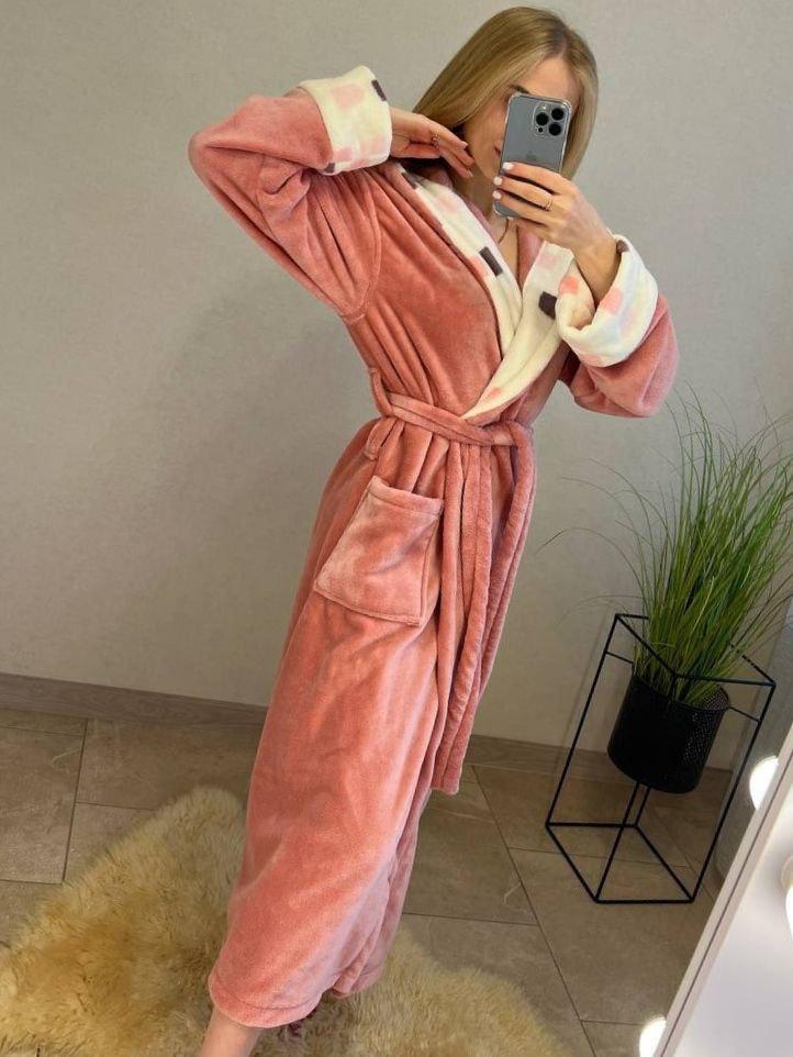 Теплий жіночий довгий домашній махровий халат із капюшоном Туреччина, фото 1