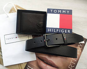 Чоловічий подарунковий набір TOMMY Hilfiger шкіряний ремінь і гаманець чорні