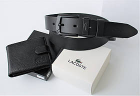 Чоловічий подарунковий набір Lacoste ремінь і гаманець чорні