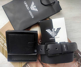 Чоловічий шкіряний подарунковий набір Armani ремінь і гаманець чорні