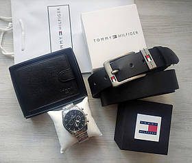 Чоловічий подарунковий набір Tommy годинник, шкіряний гаманець і ремінь black