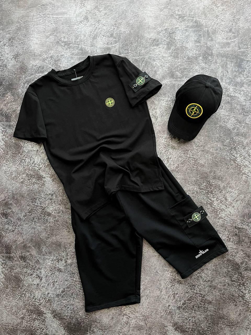 Чоловічий літній костюм футболка шорти кепка Stone Island Black Чоловічий комплект Чорний 100% котон Стон Айленд