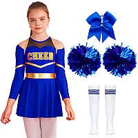 Детский чирлидинг костюм для девочек с помпонами и бантом 10 Синий