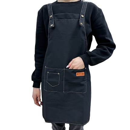 Фартух для майстра тканинний, чорний із білою прошивкою, фото 1