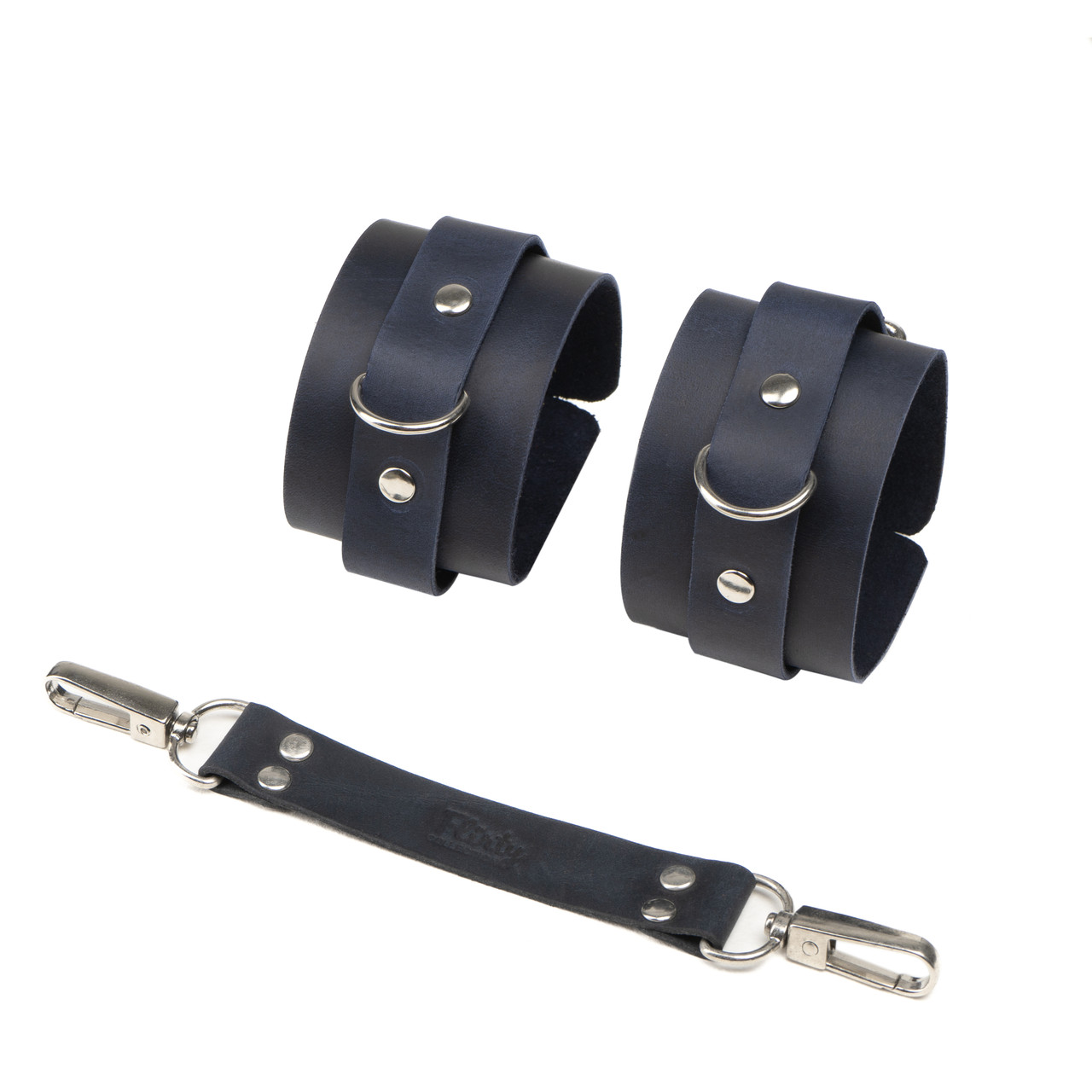 Наручники на двох карабінах БДСМ із натуральної шкіри темно синього кольору Flirty Leather Кайф, фото 1